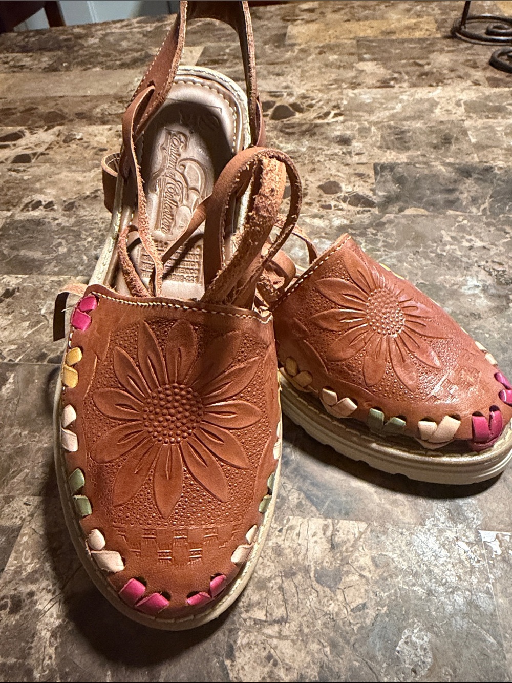 Handcrafted Women’s Sandals with Floral Embossing - Brown